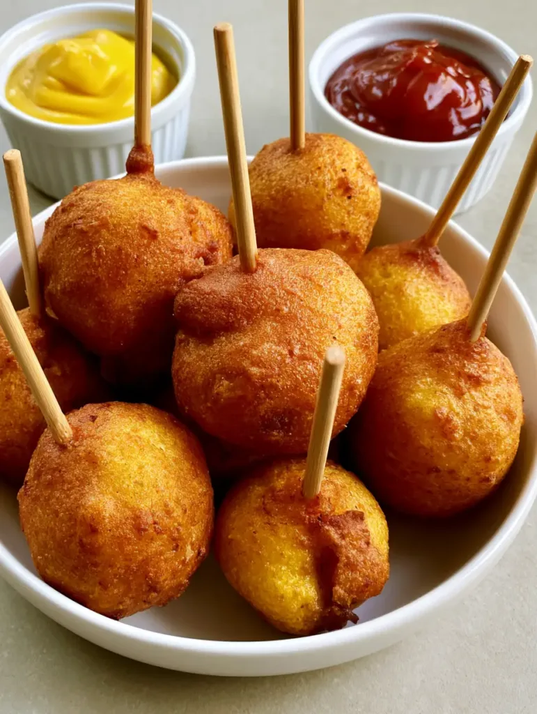 Close up of a single Corn Dog Bite with a toothpick next to a ramekin of glossy tomato ketchup.
