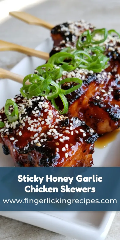 Three grilled Honey Garlic Chicken Skewers on a white plate with thick amber glaze and green onions.