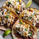 A close-up top-down view of Smoky Brisket Elote Tacos featuring shredded brisket, charred corn, and white crema zigzag.