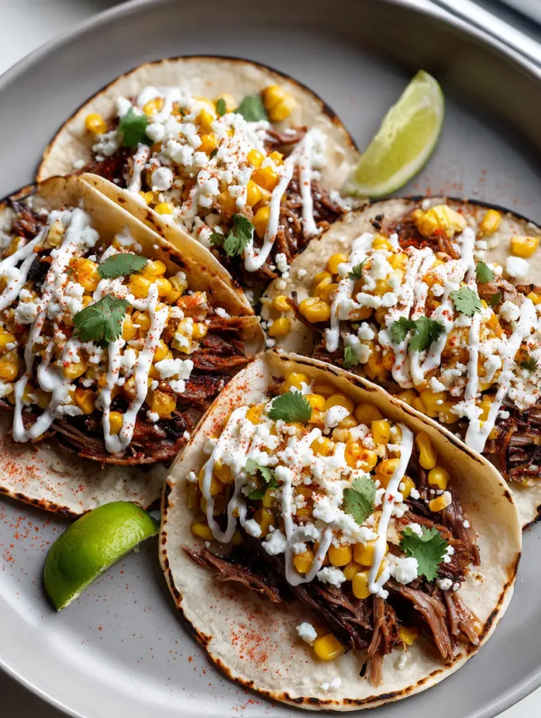 A close-up top-down view of Smoky Brisket Elote Tacos featuring shredded brisket, charred corn, and white crema zigzag.
