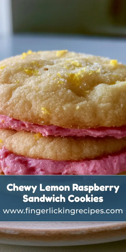 A stack of Lemon Raspberry Sandwich Cookies with vibrant pink frosting peeking out between golden, crinkled sugar cookies.