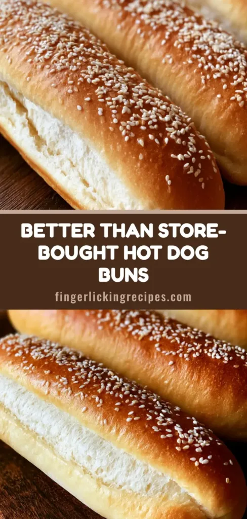 Homemade Hot Dog Buns: The Ultimate Fluffy Split-Top Recipe 6 Three freshly baked golden-brown Homemade Hot Dog Buns with white sesame seeds on a dark rustic wood surface.