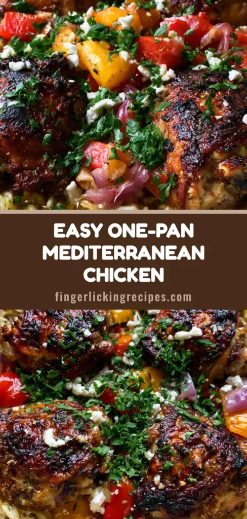 Mediterranean Chicken Casserole with Crispy Skin and Golden Herb Orzo 6 Top-down view of a Mediterranean Chicken Casserole in a white ceramic dish with crispy chicken thighs, ivory orzo, and feta.