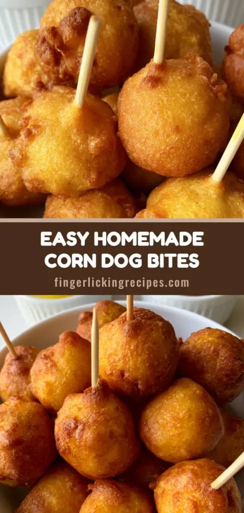 A pile of crispy, golden-brown Corn Dog Bites in a white ceramic bowl with toothpicks inserted, served with mustard and ketchup.