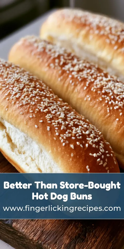 Homemade Hot Dog Buns: The Ultimate Fluffy Split-Top Recipe 7 Three freshly baked golden-brown Homemade Hot Dog Buns with white sesame seeds on a dark rustic wood surface.