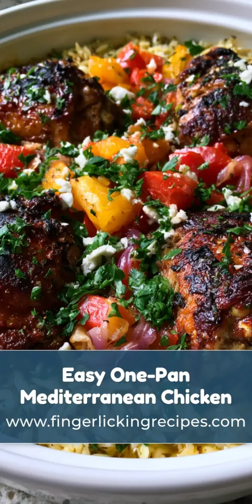 Mediterranean Chicken Casserole with Crispy Skin and Golden Herb Orzo 7 Top-down view of a Mediterranean Chicken Casserole in a white ceramic dish with crispy chicken thighs, ivory orzo, and feta.