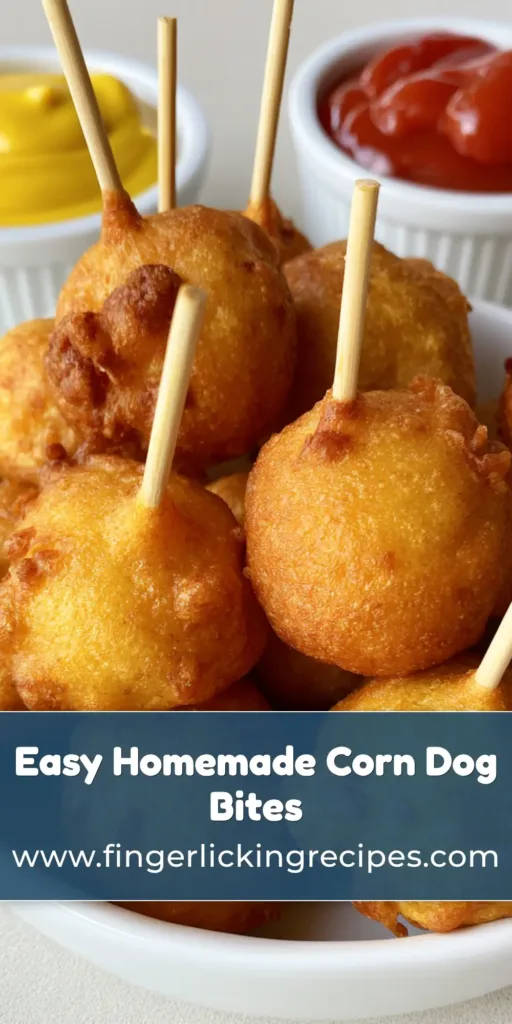 A pile of crispy, golden-brown Corn Dog Bites in a white ceramic bowl with toothpicks inserted, served with mustard and ketchup.