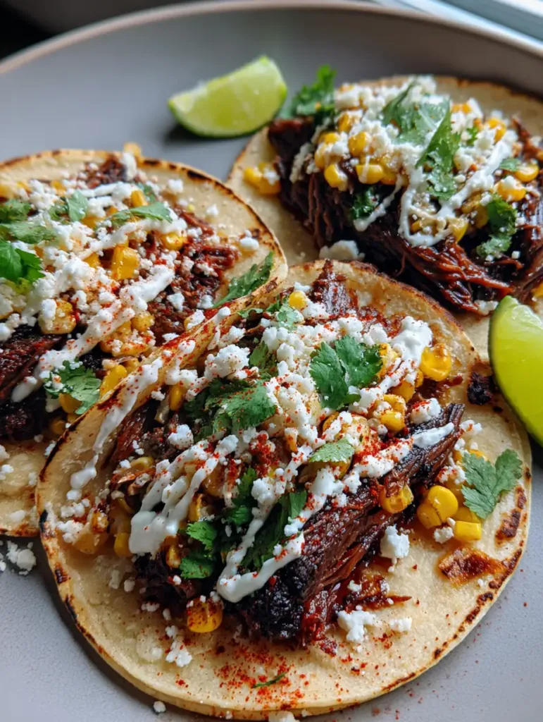 Three Smoky Brisket Elote Tacos arranged on a light grey ceramic plate with fresh cilantro and lime wedges.
