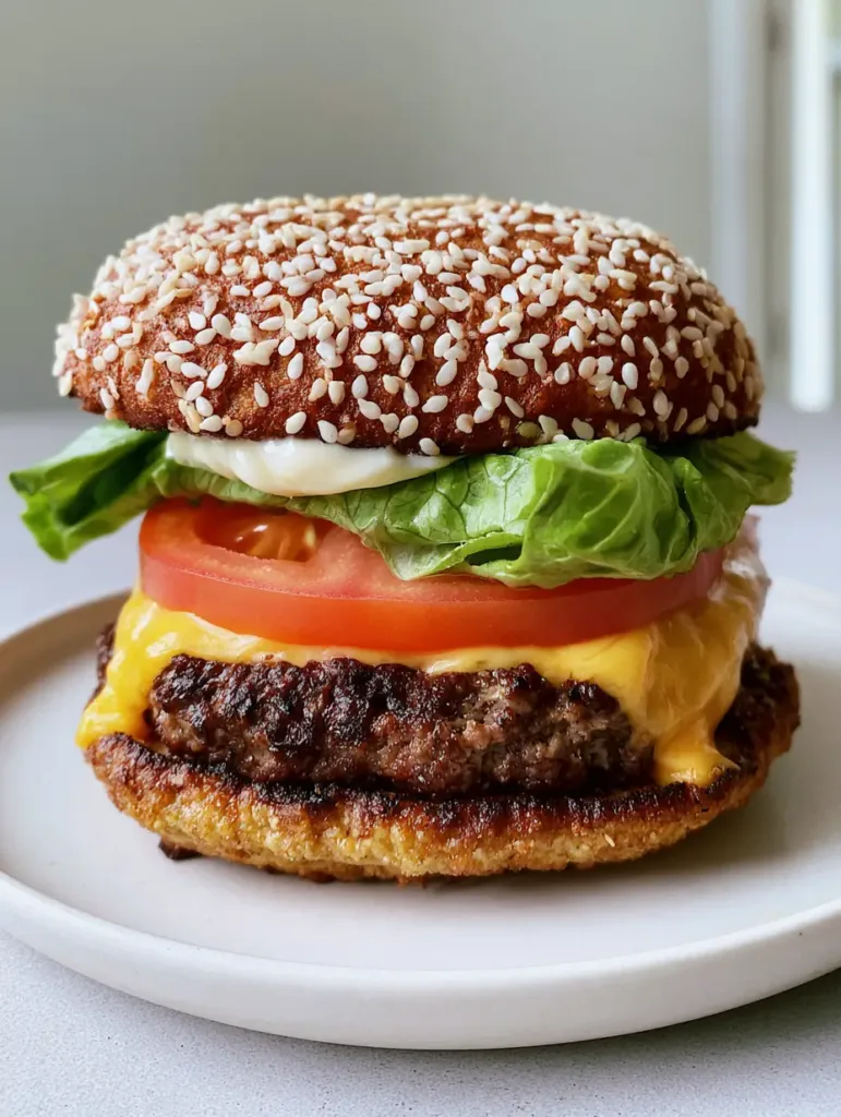 Close up shot of a golden brown Keto Burger Bun heavily encrusted with white sesame seeds showing a matte crust.