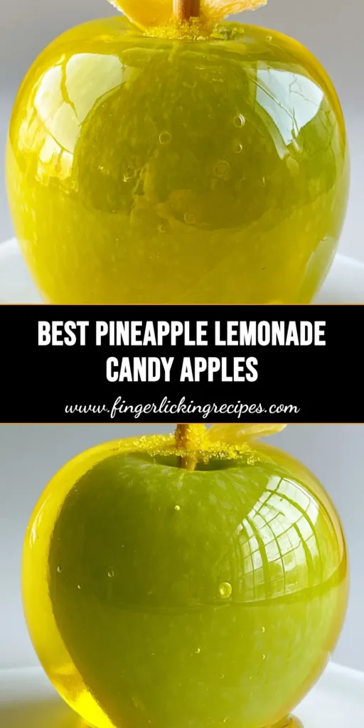 Pineapple Lemonade Candy Apples: The Ultimate Gourmet Summer Treat 5 A close-up of a Pineapple Lemonade Candy Apple with a glossy yellow shell, sanding sugar at the base, and a dehydrated pineapple wedge on a white background.