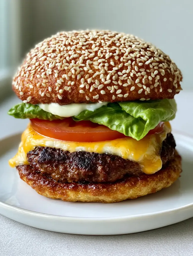 Side view of an assembled burger using Keto Burger Buns, showing melted sharp cheddar draping over a seared patty.