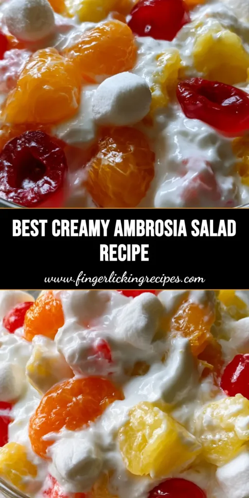 A large glass bowl of Ambrosia Fruit Salad featuring mandarin oranges, pineapple, and cherries in a glossy white dressing on a grey stone counter. (Ambrosia Fruit Salad)