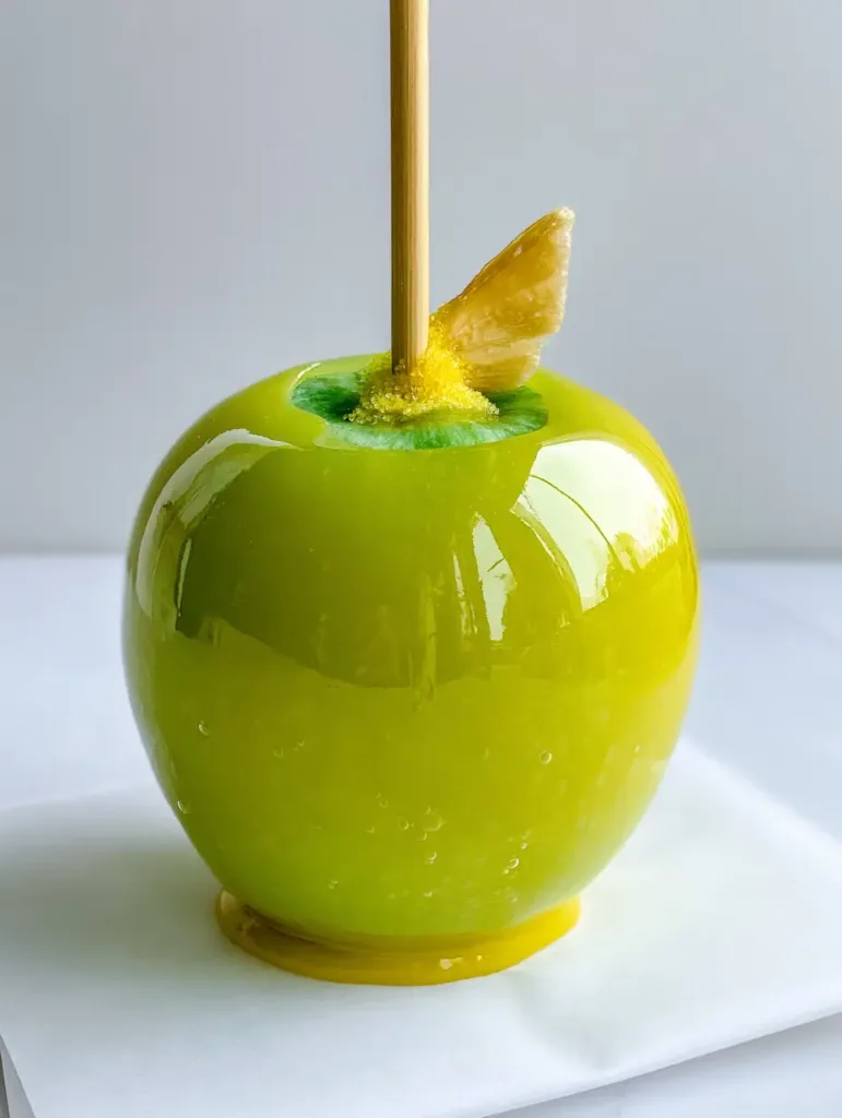 Pineapple Lemonade Candy Apples: The Ultimate Gourmet Summer Treat 3 Handheld photo of a Pineapple Lemonade Candy Apple showing the translucent yellow coating and wooden dowel.