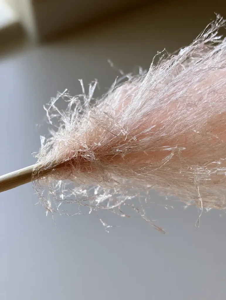 Translucent pink sugar bundle with a tangled and airy texture on a wooden skewer.