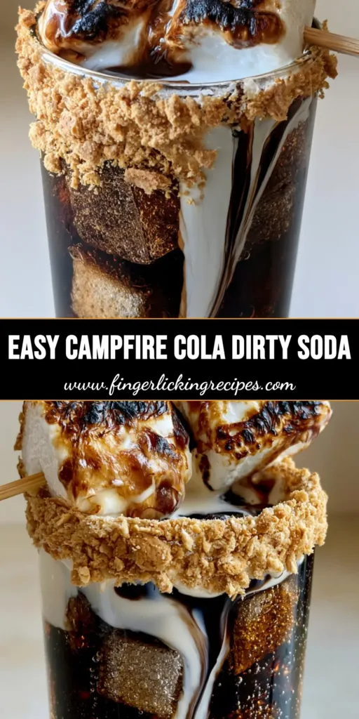 Campfire Dirty Soda: The Ultimate Toasted Marshmallow Treat 4 A tall Campfire Dirty Soda with heavy cream swirling into Coca-Cola, a graham cracker rim, and toasted marshmallows on a stick.