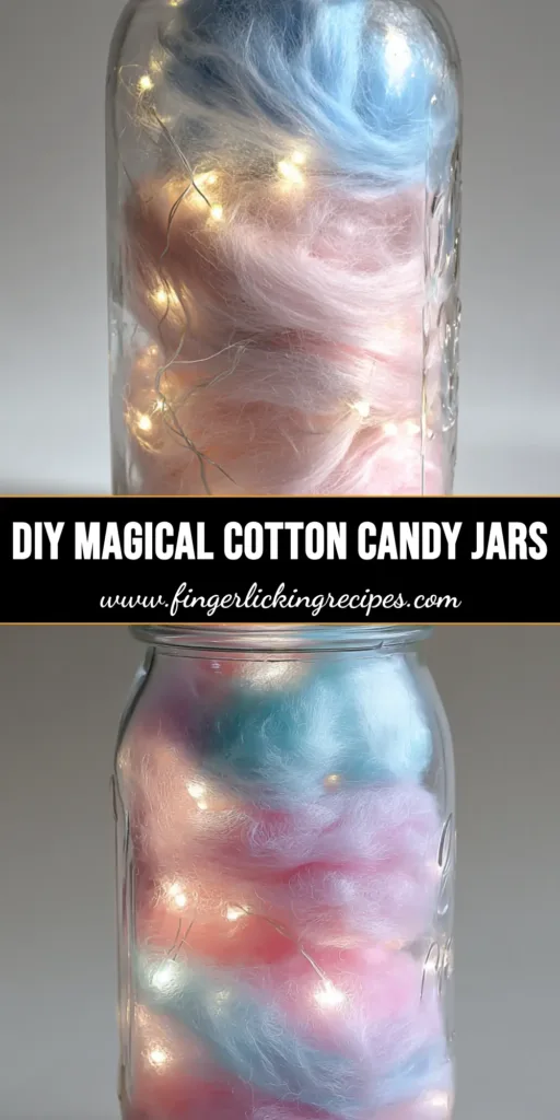 A beautiful DIY Cotton Candy Glow Jar standing on a neutral surface, filled with glowing pink and blue cotton tufts and a silver lid.