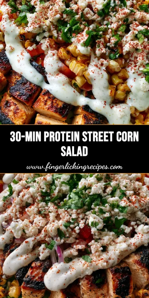 A handheld top-down photo of a High Protein Chicken Street Corn Salad in a white ceramic bowl with distinct sections of charred corn, grilled chicken, and red peppers drizzled with lime crema.