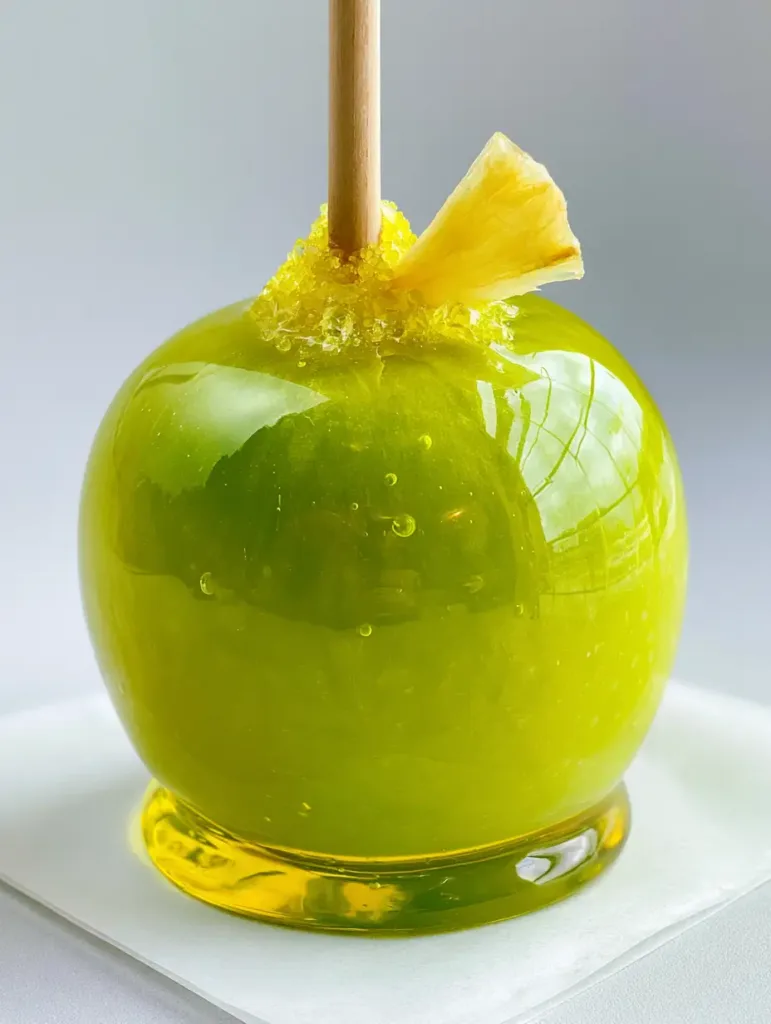 Pineapple Lemonade Candy Apples: The Ultimate Gourmet Summer Treat 2 Side view of a yellow candy apple sitting on white parchment paper with a pineapple wedge garnish.