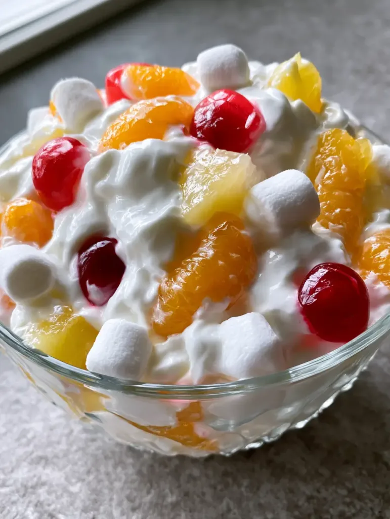 Handheld smartphone photo of a glass bowl filled with creamy Ambrosia Fruit Salad with bright orange mandarin segments and red cherries. (Ambrosia Fruit Salad)