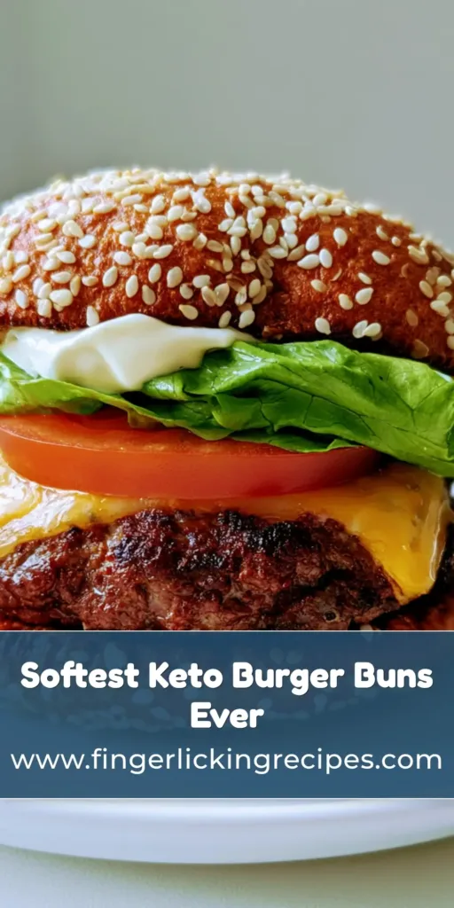 A handheld smartphone photo of a gourmet Keto Burger Bun assembled with a charred beef patty, melted cheddar, tomato, and romaine lettuce on a white plate.