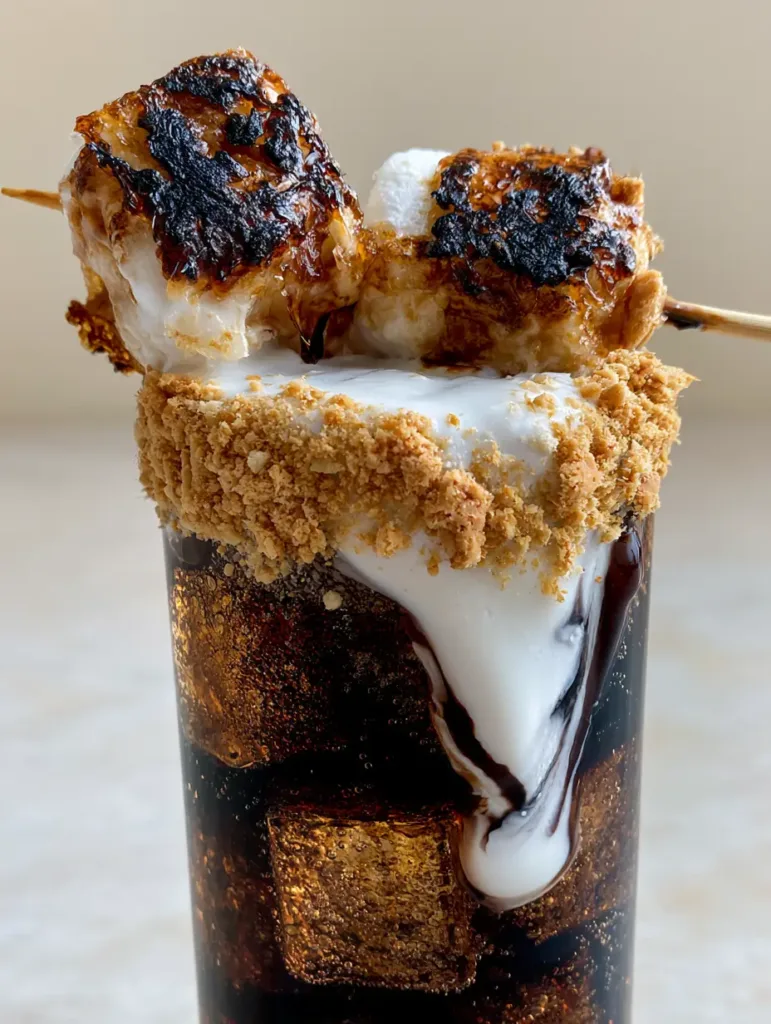 Campfire Dirty Soda: The Ultimate Toasted Marshmallow Treat 3 Close up of square ice cubes and dark Coca-Cola with a thick layer of heavy cream cascading down the interior glass walls. (Campfire Dirty Soda)