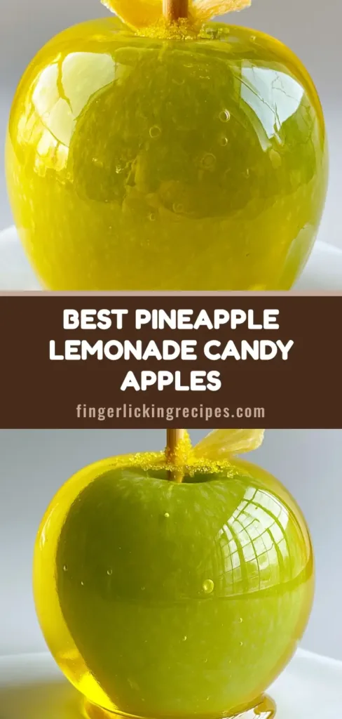 Pineapple Lemonade Candy Apples: The Ultimate Gourmet Summer Treat 6 A close-up of a Pineapple Lemonade Candy Apple with a glossy yellow shell, sanding sugar at the base, and a dehydrated pineapple wedge on a white background.