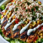 High Protein Chicken Street Corn Salad: The Ultimate Healthy Elote Bowl Close up of charred fire-roasted corn and cubed grilled chicken with dark sear marks in a High Protein Chicken Street Corn Salad.