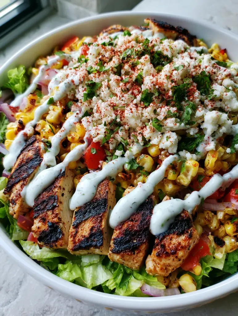 Close up of charred fire-roasted corn and cubed grilled chicken with dark sear marks in a High Protein Chicken Street Corn Salad.