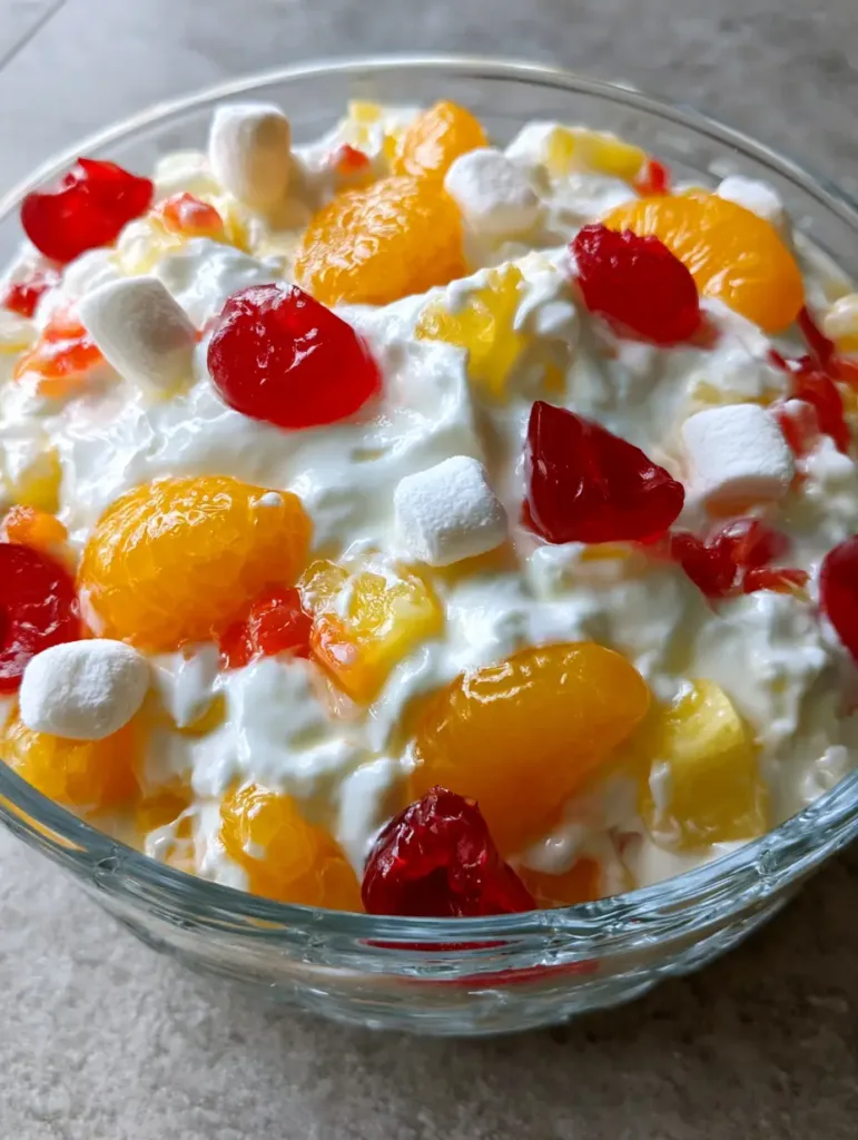 Close up of glossy white sauce covering pineapple chunks and miniature marshmallows in a classic Ambrosia Fruit Salad.