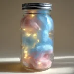 DIY Cotton Candy Glow Jars: A Whimsical Luminescent Craft Close up view of the wispy fiberfill texture in the DIY Cotton Candy Glow Jars highlighting the pastel pink and sky blue layers.