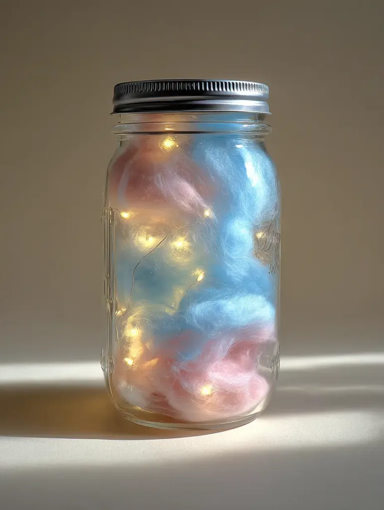 Close up view of the wispy fiberfill texture in the DIY Cotton Candy Glow Jars highlighting the pastel pink and sky blue layers.