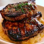 Grilled Brown Sugar Pork Chops with Caramelized Amber Glaze and Warm Sauerkraut Smartphone photo of Grilled Brown Sugar Pork Chops featuring thick amber glaze and parsley garnish.