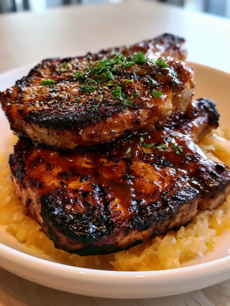 Grilled Brown Sugar Pork Chops with Caramelized Amber Glaze and Warm Sauerkraut 3 Smartphone photo of Grilled Brown Sugar Pork Chops featuring thick amber glaze and parsley garnish.