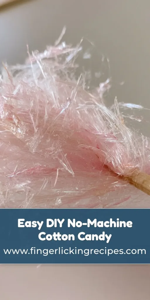 A handheld smartphone photo of pink spun sugar threads wrapped around a wooden stick. (Homemade Cotton Candy Without a Machine)
