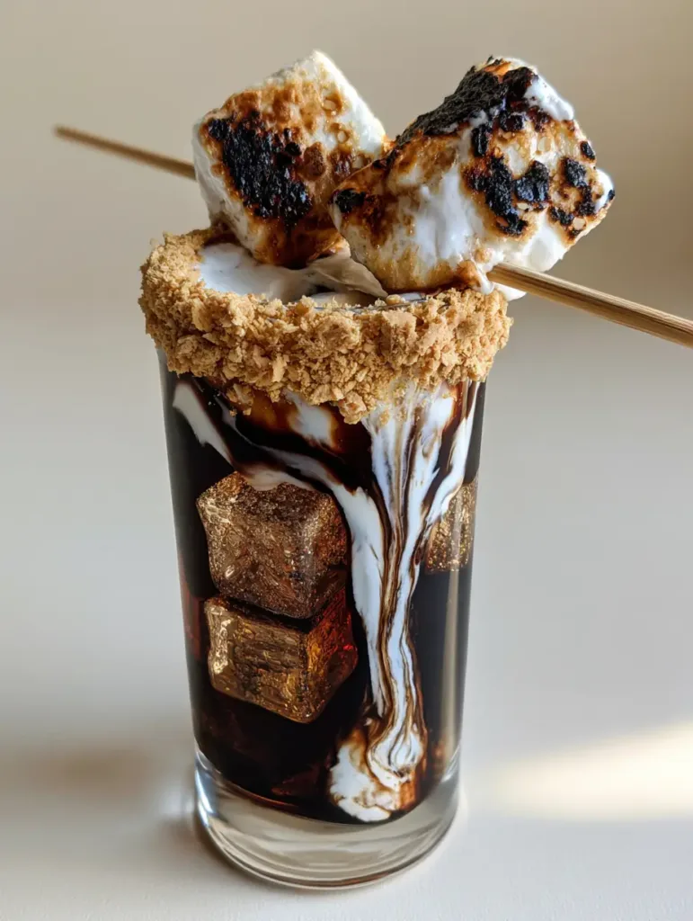 Campfire Dirty Soda: The Ultimate Toasted Marshmallow Treat 2 Two large toasted marshmallows with charred black patches on a wooden stick resting over a Campfire Dirty Soda.