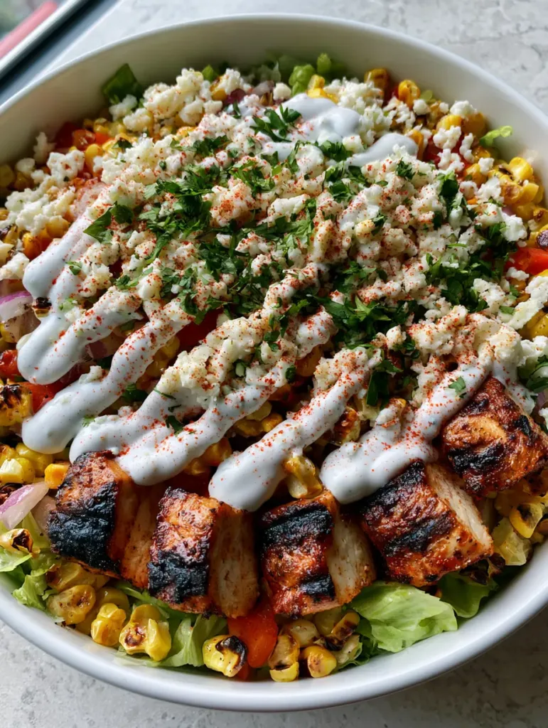 Top-down view of High Protein Chicken Street Corn Salad drizzled with white lime crema and garnished with cotija and cilantro.