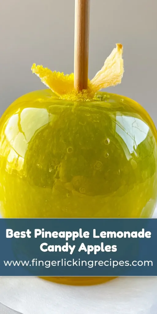 Pineapple Lemonade Candy Apples: The Ultimate Gourmet Summer Treat 7 A close-up of a Pineapple Lemonade Candy Apple with a glossy yellow shell, sanding sugar at the base, and a dehydrated pineapple wedge on a white background.
