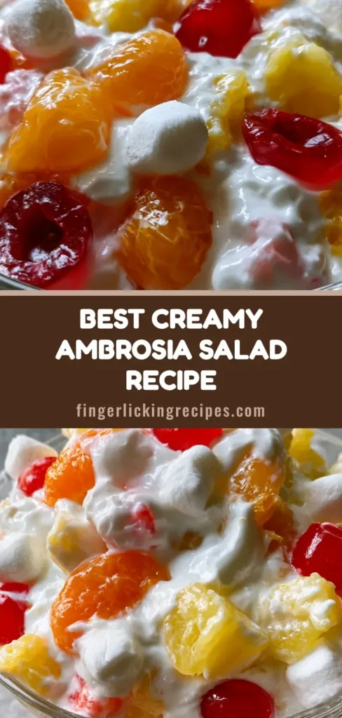 A large glass bowl of Ambrosia Fruit Salad featuring mandarin oranges, pineapple, and cherries in a glossy white dressing on a grey stone counter. (Ambrosia Fruit Salad)