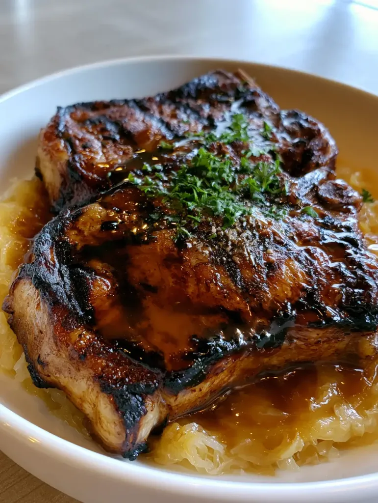 Grilled Brown Sugar Pork Chops with Caramelized Amber Glaze and Warm Sauerkraut 2 Close up of deep charred cross-hatch grill marks on Grilled Brown Sugar Pork Chops.