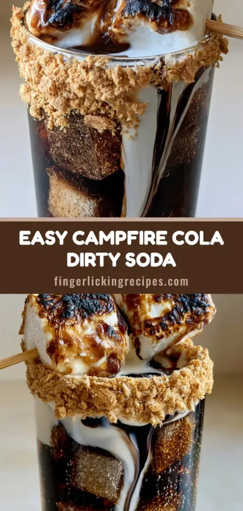 Campfire Dirty Soda: The Ultimate Toasted Marshmallow Treat 6 A tall Campfire Dirty Soda with heavy cream swirling into Coca-Cola, a graham cracker rim, and toasted marshmallows on a stick.