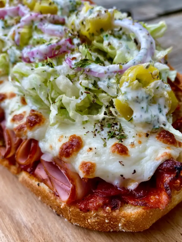 Baked Italian Grinder Sandwiches with Melted Mozzarella and Tangy Herb Salad 3 Detailed shot of the crispy pepperoni edges and bubbly cheese on Baked Italian Grinder Sandwiches.