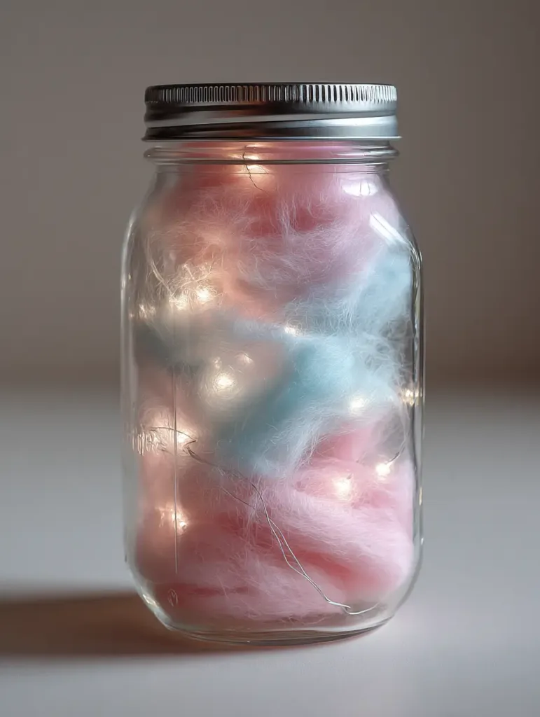A DIY Cotton Candy Glow Jar illuminated in soft natural light, showing the ethereal luminescence of the internal LEDs.