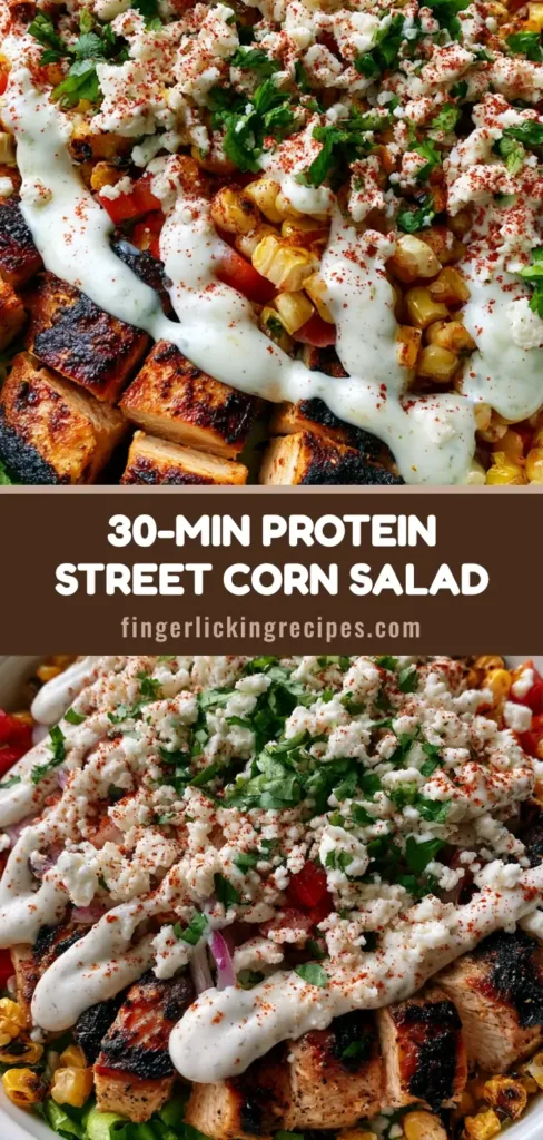 A handheld top-down photo of a High Protein Chicken Street Corn Salad in a white ceramic bowl with distinct sections of charred corn, grilled chicken, and red peppers drizzled with lime crema.