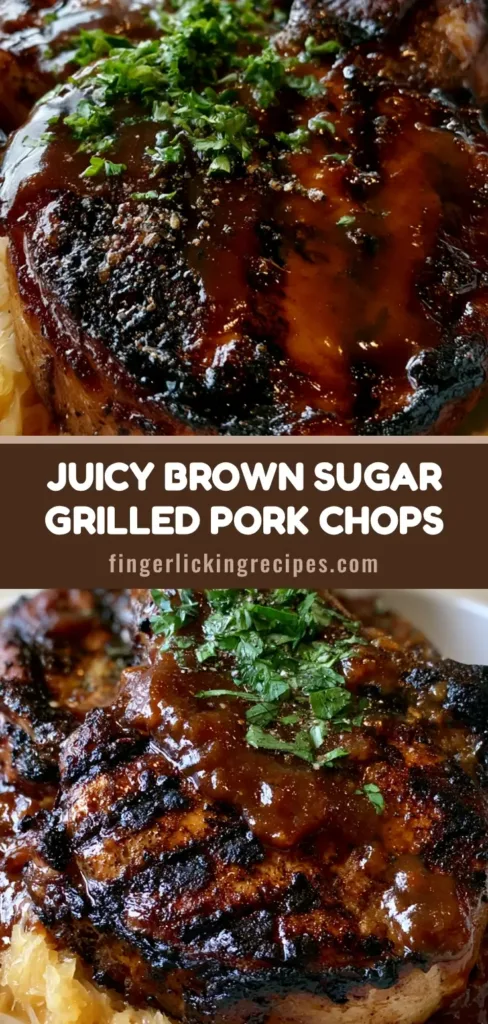Grilled Brown Sugar Pork Chops with Caramelized Amber Glaze and Warm Sauerkraut 7 A high-angle shot of two thick-cut Grilled Brown Sugar Pork Chops with dark charred grill marks on a bed of sauerkraut in a white bowl.