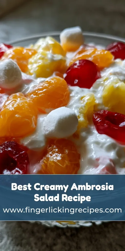 A large glass bowl of Ambrosia Fruit Salad featuring mandarin oranges, pineapple, and cherries in a glossy white dressing on a grey stone counter. (Ambrosia Fruit Salad)