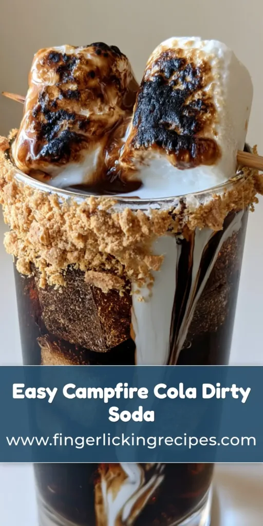 Campfire Dirty Soda: The Ultimate Toasted Marshmallow Treat 7 A tall Campfire Dirty Soda with heavy cream swirling into Coca-Cola, a graham cracker rim, and toasted marshmallows on a stick.