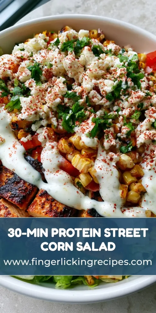 A handheld top-down photo of a High Protein Chicken Street Corn Salad in a white ceramic bowl with distinct sections of charred corn, grilled chicken, and red peppers drizzled with lime crema.