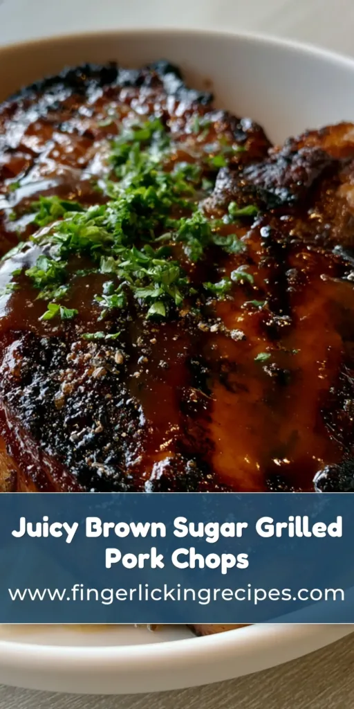 Grilled Brown Sugar Pork Chops with Caramelized Amber Glaze and Warm Sauerkraut 8 A high-angle shot of two thick-cut Grilled Brown Sugar Pork Chops with dark charred grill marks on a bed of sauerkraut in a white bowl.