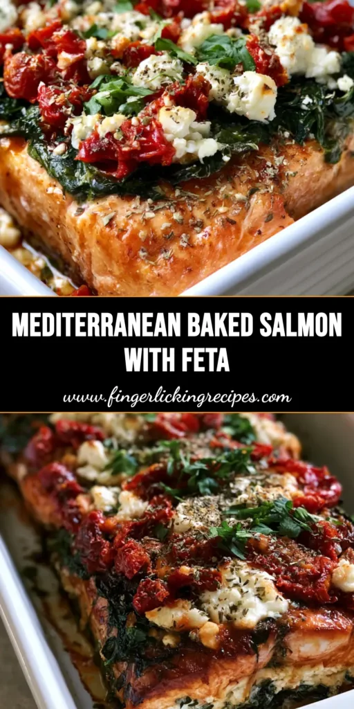 Mediterranean Baked Salmon with Sun-Dried Tomatoes and Feta 5 Top-down view of Mediterranean Baked Salmon with wilted spinach, sun-dried tomatoes, and melted feta in a white dish.
