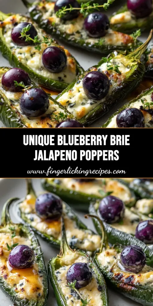 A stack of roasted Blueberry Brie Jalapeño Poppers on a white plate with honey drizzle and fresh thyme.
